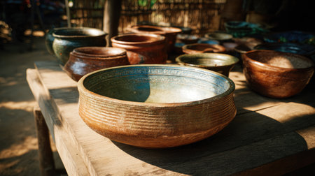 A collection of rustic handmade pottery bowls displayed on a wooden table in a vibrant artisan marketplace, showcasing unique craftsmanship and colors.の素材
