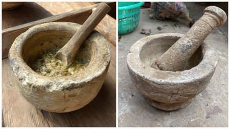 A traditional stone mortar and pestle set showcasing rustic craftsmanship. Ideal for grinding spices and herbs, this essential kitchen tool emphasizes cultural cooking methods and adds charm to any culinary space.の素材