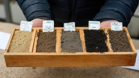 A collector holds a wooden tray containing samples of different soil types, showcasing variations in texture and color for educational purposes in agriculture.の素材