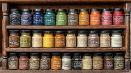 An artistic arrangement of colorful spices and seasonings in small jars placed on a rustic wooden shelf. Ideal for culinary and kitchen-themed projects.の素材