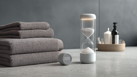 A modern hourglass timer filled with sand rests beside neatly folded towels, creating a serene and stylish atmosphere in a contemporary bathroom setting.の素材