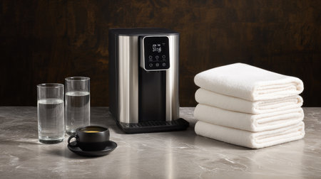 A modern water dispenser sits elegantly on a marble countertop, accompanied by clean towels and glasses, embodying style and functionality for any space.の素材