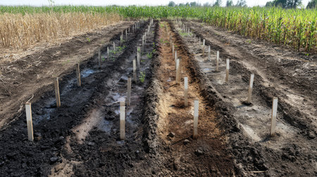 A detailed view of an agricultural field shows new crop rows being cultivated alongside mature vegetation and dry corn stalks, highlighting sustainable farming practices.の素材