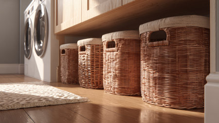 A warm and inviting laundry room featuring woven baskets under a wooden countertop, complemented by modern washing machines and soft lighting.の素材