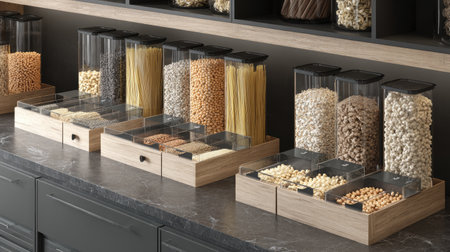 This image showcases a modern kitchen pantry featuring clear storage containers filled with various grains, pasta, and snacks, promoting an organized and stylish cooking space.の素材