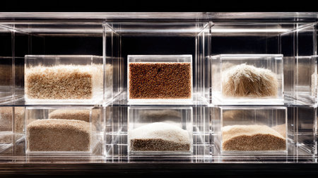 A stunning composition of various grains and seeds elegantly arranged in clear display boxes, showcasing unique textures and colors for culinary inspiration.の素材