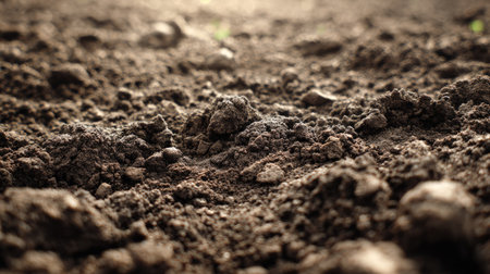 A detailed close-up of dark brown soil showcasing texture and organic materials, ideal for agricultural or gardening concepts in natural settings.の素材