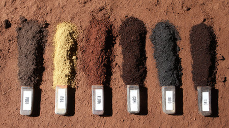 Close-up view of various soil types displayed in sample containers on a red earth background, showcasing different textures and colors for agricultural research.の素材