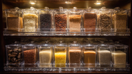 A striking arrangement of various grains and seeds in clear glass containers, showcasing natural textures and colors, ideal for culinary inspiration or healthy living.の素材
