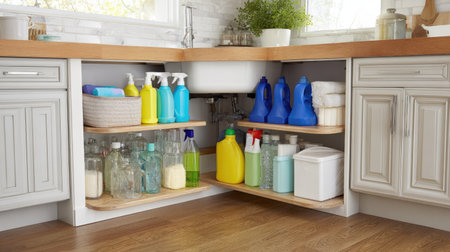 A bright and organized view of cleaning supplies stored under a kitchen sink, featuring colorful bottles and containers neatly arranged on wooden shelves.の素材