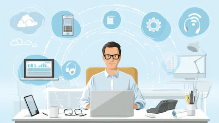 A modern workspace illustration featuring a young man focused on his laptop, surrounded by technology icons representing digital tools and communication.の素材