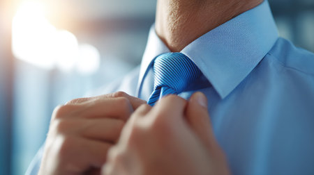 A businessman adjusts his blue tie in a softly lit office setting, highlighting professionalism and attention to detail in a formal attire context.の素材