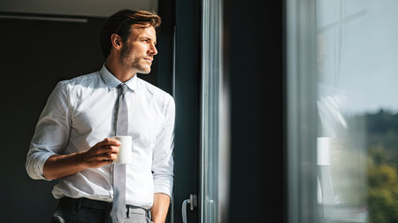 A thoughtful man in formal attire stands by a window in a modern office, savoring a cup of coffee. This scene captures a moment of reflection and calm amid a busy workday.の素材
