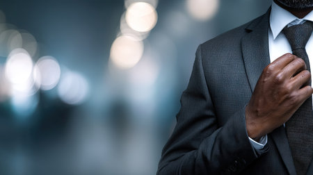 This image captures a well-dressed businessman adjusting his tie, exuding confidence and professionalism in a modern indoor setting with a blurred background.の素材