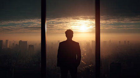 A contemplative businessman stands silhouetted against a breathtaking sunset, watching over a sprawling urban skyline from a modern office.の素材