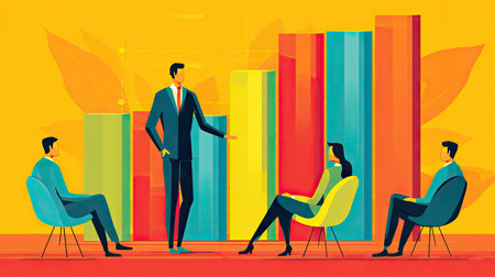 A modern business presentation showcases colorful bar graphs as a speaker engages an attentive audience in a dynamic office environment.の素材