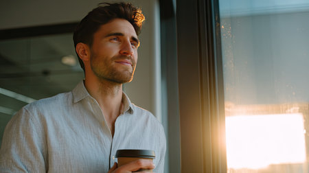 A young man stands by the window in a modern office, holding a cup of coffee and gazing at a beautiful sunset, reflecting on his day.の素材