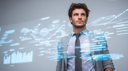 A thoughtful professional man stands in a modern office, engaging with advanced data analytics visuals. The scene captures the essence of innovation and technology.の素材