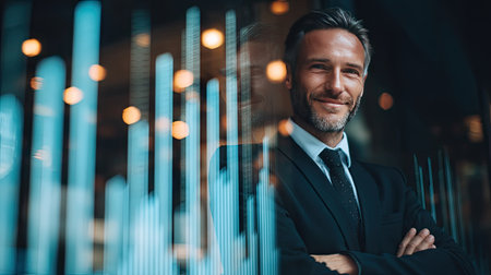 A confident businessman stands in a modern office, smiling against a backdrop of financial graphs, signifying success and innovation in the business world.の素材