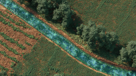 This stunning aerial image showcases a serene stream gently winding through vibrant green fields, framed by lush trees, reflecting nature's tranquility.の素材