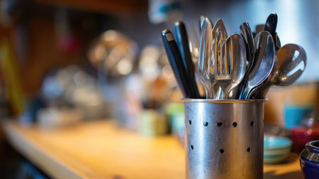This image features a set of kitchen utensils neatly arranged in a metal holder on a wooden counter, with a soft blurred background of cooking tools and ingredients, perfect for culinary-themed designs.の素材