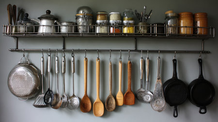 A visually appealing arrangement of kitchen utensils and spice jars on a stylish metal rack, showcasing a blend of functionality and aesthetic charm.の素材