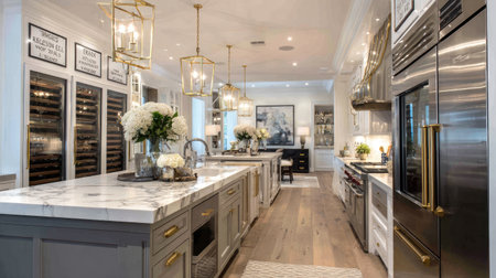 A beautifully designed modern kitchen featuring marble countertops and stylish lighting fixtures. The spacious area exudes elegance and comfort.の素材