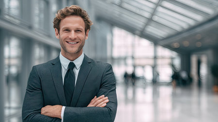 A confident businessman stands in a modern office setting, smiling with arms crossed. Bright natural light enhances the professional atmosphere of the space.の素材