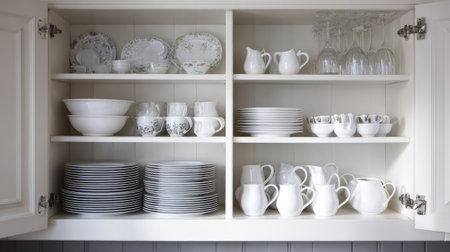 This image features a stylishly organized kitchen cabinet displaying an array of elegant dishware and glassware, enhancing home aesthetics.の素材