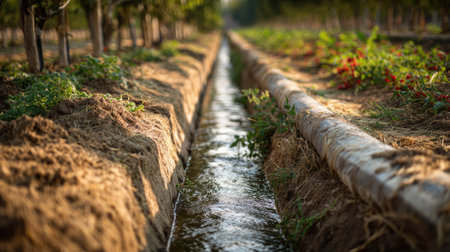 A serene irrigation channel meanders through a lush crop field, showcasing the harmony between agriculture and nature under gentle evening light.の素材