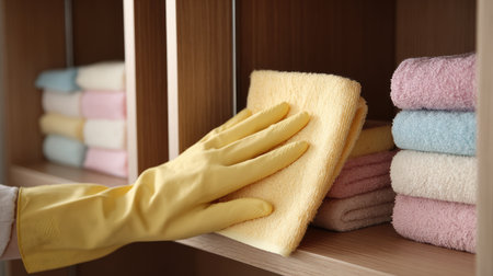 A person in a yellow cleaning glove places a soft cloth on a sanitized shelf filled with neatly arranged towels, showcasing a tidy and organized home environment.の素材