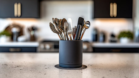 A sleek utensil holder showcases a variety of cooking tools and utensils, enhancing any modern kitchen's aesthetic while maintaining organizational efficiency.の素材