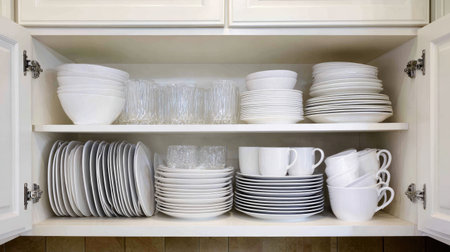A well-organized kitchen cabinet displays a collection of white plates, bowls, glasses, and cups. Ideal for showcasing home organization and stylish dining.の素材