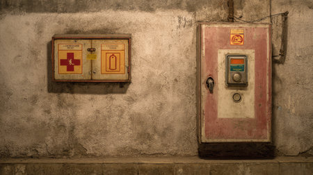 This image features a vintage wall displaying an old medical cabinet and a retro vending machine, set against a textured concrete surface, evoking nostalgia.の素材