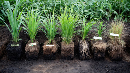 This image showcases various grass varieties planted in soil, highlighting their healthy roots and lush foliage in a garden environment.の素材