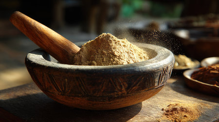 Close-up view of ground spice in a wooden mortar, surrounded by a rustic setting, depicting the essence of culinary traditions and aromatic flavors.の素材