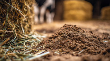 This detailed close-up captures fresh soil along with straw, showcasing the earthy texture and fertility of a rustic farm setting, ideal for agricultural themes.の素材