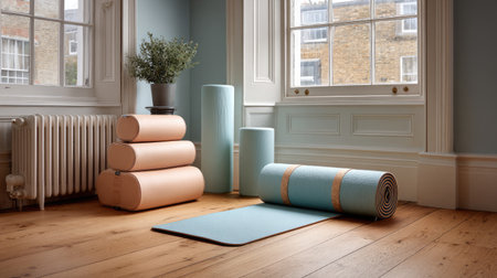 Bright and serene indoor yoga space featuring yoga mats and props arranged neatly, perfect for practice or relaxation in a calming atmosphere.の素材