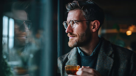 A thoughtful man wearing glasses enjoys a moment of reflection while gazing out the window with a cup of coffee in hand, exuding a cozy and serene atmosphere.の素材