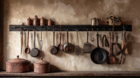 A rustic kitchen scene featuring a wooden rack adorned with various hanging utensils, vintage pots, and pans, showcasing timeless culinary charm and simplicity.の素材