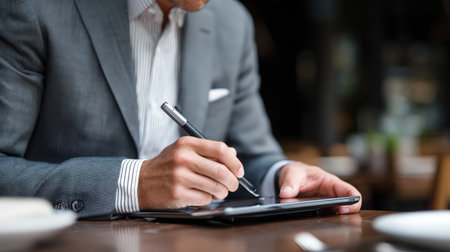A business professional writes on a tablet in a stylish cafe. The focus is on hands holding the pen, showcasing a blend of technology and creativity in a modern workspace.の素材