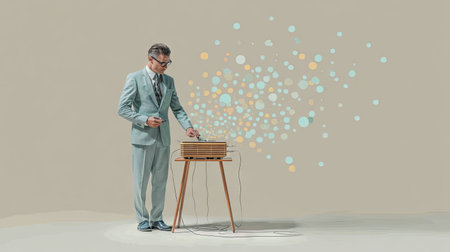 A dapper man in a light suit interacts with a vintage music player, surrounded by vibrant sound waves in a creative and modern art setting.の素材