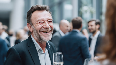 A joyful middle-aged man smiles broadly at a lively social event, holding a glass of champagne. The modern indoor setting enhances the festive atmosphere.の素材