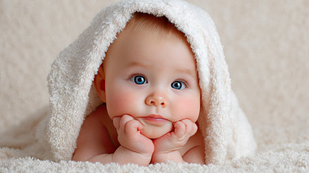 This charming portrait features a cute baby with striking blue eyes, resting peacefully on a soft blanket. The infant's sweet expression evokes warmth and tenderness, making it perfect for family-themed projects and child-related content.の素材