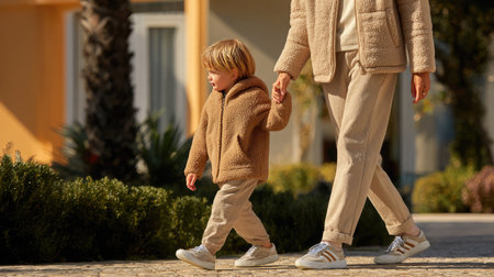 A heartwarming moment captured as a child and adult stroll hand in hand in a sunlit outdoor space, wearing cozy beige outfits, exuding warmth and happiness.の素材