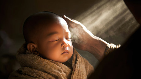 A serene image of an infant wrapped in a soft cloth, illuminated by gentle light, capturing a tranquil moment of care and tenderness.の素材