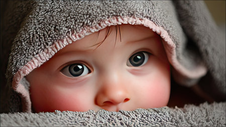 A close-up portrait of an adorable baby wrapped in a soft towel, showcasing large expressive eyes and a tender gaze, exuding warmth and innocence.の素材
