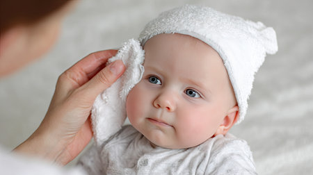 A serene moment showcasing a baby receiving gentle care from an adult in a cozy indoor setting, emphasizing tenderness and affection in their connection.の素材