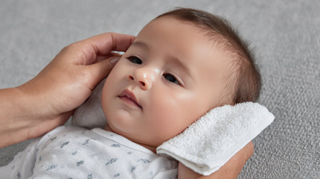 This intimate image captures a caregiver gently cradling a baby's head with soft towels, highlighting the warmth and affection in their bond, evoking feelings of love and comfort.の素材