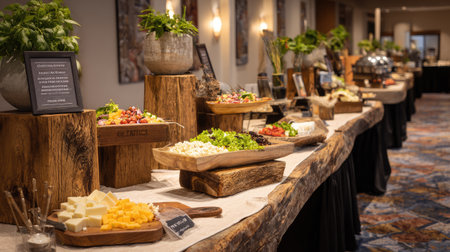 A beautifully arranged rustic buffet showcasing an array of fresh salads, cheese selections, and vibrant vegetables in an elegant event setting.の素材